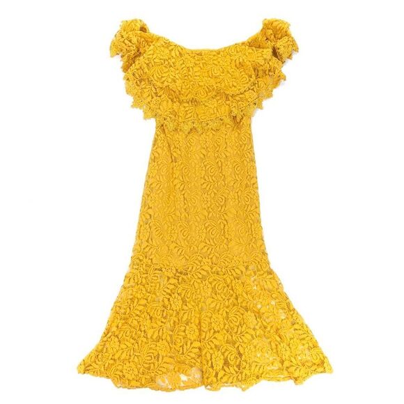 Lulus Dresses & Skirts - NEW Lulus Jaclyn Golden Yellow Lace Off the Shoulder Midi Dress Ruffled Small